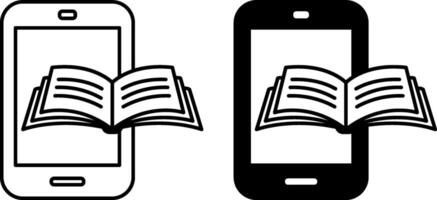 E-Book Icons. Black and White Icons. Mobile Phone and Open Book. Distance Learning, Online School, E-Learning. Online Education Concept vector