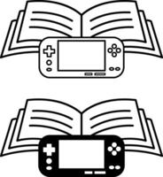 Educational Game Icons. Black and White Icons. Open Book and Game Console, Joystick. Distance Learning in Game Form, Online School, E-Learning vector