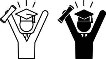 Graduation icons. Black and White Icons of University Graduate with Diploma. The student rejoices at the end of his studies. Education Concept vector
