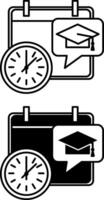 Timetable icons. Black and White Icons. Calendar, Graduation Hat, and Clock. Schedule of Lessons at School or College. Education Concept vector