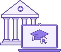 Online Academy Color Icon. Educational Institution Building, Laptop, and Graduation Cap. Distance Learning, E-Learning. Online Education Concept vector