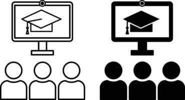 Group Class Icons. Black and White Icons. Computer with Webcam, Graduation Hat, and Students. Distance Learning, Online School, E-Learning. Online Education Concept vector