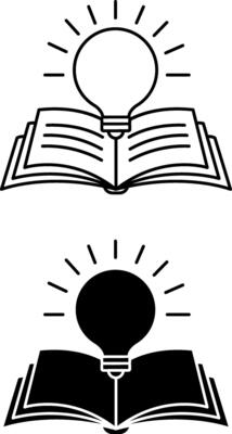 Icons Knowledge. Black and White Icons of Opened Book and Light Bulb. Studying Subjects at School. Education Concept