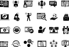 Black Blogger Icon Set. Icon Social Media, Digital Marketing, Influencer, Monetization, Podcasting, Website, Blogging, Niche, Branding, Comments, and Other vector