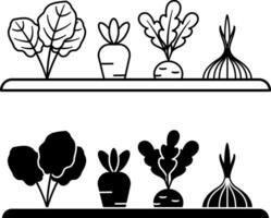 Vegetable garden icons. Black and White Icons of Vegetables Growing on a Plot. Gardening in the Open Air. Organic Farming Concept vector