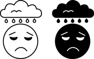 Sad icons. Black and White Icons of Sad Face and Rain Cloud. Emotions and Mood Concept vector