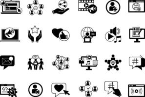 Black Set of Social Media Icons. Icons Social Networks, Add Friend, Like, New Message, Blog Music, Marketing, Hashtag, App, Trend, Communication and Other vector