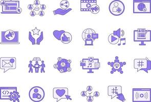 Colored Set of Social Media Icons. Icons Social Networks, Add Friend, Like, New Message, Blog Music, Marketing, Hashtag, App, Trend, Communication and Other vector