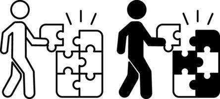 Logic Game Icons. Black and White Icons. Man Assembling Puzzle. Computer and Educational Games Concept vector