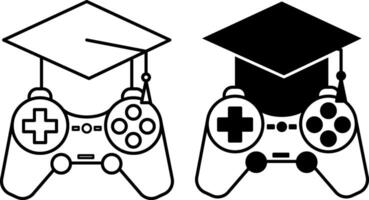 Educational Game Icons. Black and White Icons of Game Console and Graduation Hat. Computer Games and Education Concept vector