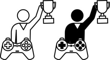 Winner icons. Black and White Icons. Gamer Holds Winner Cup and Game Console. Victory in the Competition. Computer Games Concept vector
