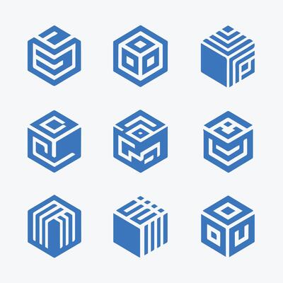 A set of six blue cubes with different shapes