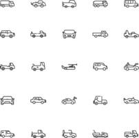 Set of 25 Vehicle line icons set. Transport outline icons with editable stroke collection. Includes Car, Bus, Forklift, Airplane, Tractor and More. vector