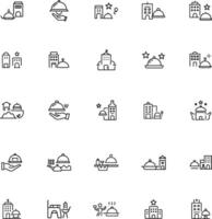 Hotel Line Icons. Editable Stroke. Pixel Perfect. For Mobile and Web. Contains such icons as Hotel, Service, Luxury, Hotel Reception, Taxi, Restaurant, Bed, Towel, Support, Swimming Pool and Bath. vector
