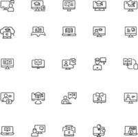 Online education line icon set. Containing tuition, e-learning, online course, audio course, educational website and digital education icons. Solid icon collection. vector