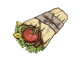 Hand-drawn colored sketch style burrito wrap with vegetables pieces in paper package isolated on white background. Fast food illustration. Vintage drawing. Element for the design of labels vector