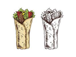 Hand-drawn colored and monochrome sketch style burrito wrap with vegetables and meat pieces isolated on white background. Fast food illustration. Vintage drawing. Element for the design of labels vector