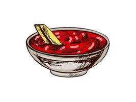 Hand-drawn colored sketch of french fries potato with tomato sauce isolated on white background. Fast food illustration. Vintage drawing. Element for the design of labels, packaging and postcards. vector
