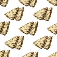 Hand-drawn colored seamless pattern of quesadilla on white background. Fast food vintage illustration. Element for the design of labels, packaging and postcards vector