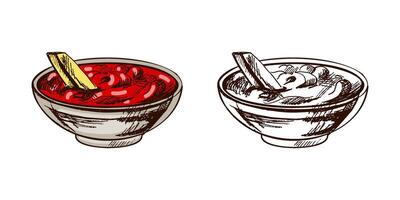 Hand-drawn colored and monochrome sketch of french fries potato with tomato sauce isolated on white background. Fast food illustration. Vintage drawing. Element for the design of labels vector