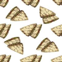 Hand-drawn colored seamless pattern of quesadilla on white background. Fast food vintage illustration. Element for the design of labels, packaging and postcards vector