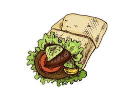 Hand-drawn colored sketch style burrito wrap with vegetables and meat pieces isolated on white background. Fast food illustration. Vintage drawing. Element for the design of labels vector