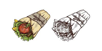 Hand-drawn colored sketch style burrito wrap with vegetables pieces in paper package isolated on white background. Fast food illustration. Vintage drawing. Element for the design of labels vector