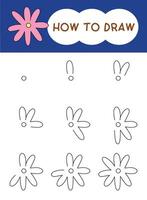 How to draw flower or flora cartoon step by step for learning, kid, education and coloring book. vector