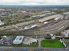 Aerial View of Manchester City During Autumn Season and Cloudy Day over England Great Britain. High Angle Drone's Camera Footage was Captured on October 29th, 2024 photo
