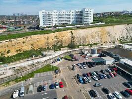 High Angle View of Most Beautiful and Attractive British Tourist Attraction of Brighton seaside resort and Beach City of East Sussex, England GB. Footage Captured with Drone's Camera on May 9th, 2024 photo