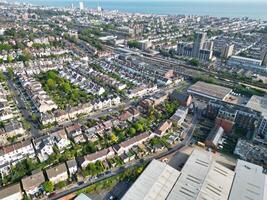 High Angle View of Most Beautiful and Attractive British Tourist Attraction of Brighton seaside resort and Beach City of East Sussex, England GB. Footage Captured with Drone's Camera on May 9th, 2024 photo