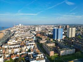 High Angle View of Most Beautiful and Attractive British Tourist Attraction of Brighton seaside resort and Beach City of East Sussex, England GB. Footage Captured with Drone's Camera on May 9th, 2024 photo