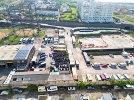 High Angle View of Most Beautiful and Attractive British Tourist Attraction of Brighton seaside resort and Beach City of East Sussex, England GB. Footage Captured with Drone's Camera on May 9th, 2024 photo