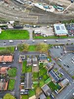 Aerial View of Manchester City During Autumn Season and Cloudy Day over England Great Britain. High Angle Drone's Camera Footage was Captured on October 29th, 2024 photo