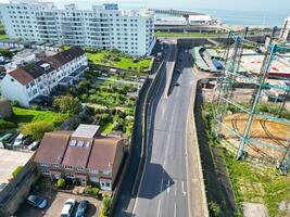 High Angle View of Most Beautiful and Attractive British Tourist Attraction of Brighton seaside resort and Beach City of East Sussex, England GB. Footage Captured with Drone's Camera on May 9th, 2024 photo