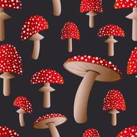 Spotted poisonous fly agarics with red caps on a black background form a seamless pattern. vector
