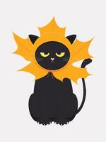 Whimsical black cat is angry because for the autumn mood he was given a hat with a yellow maple leaf. vector