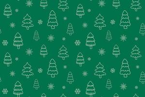 Christmas trees outline seamless pattern on green background. Thin line Christmas pattern with Christmas trees and snowflakes for packaging, textile, wrapping paper, greeting cards vector