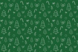 Merry Christmas seamless pattern with green xmas ornaments icons. Thin line Christmas pattern with Christmas trees and hand draw decorations on green background vector