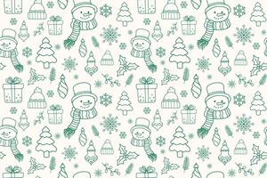 Merry Christmas line art seamless pattern with green xmas ornaments icons. Thin line Christmas pattern with Christmas tree, snowman and decorations on green background vector