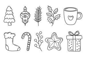 Christmas line art decorative elements set. Xmas hand draw outline ornaments set with holly, bow, candle, Christmas stockings, Christmas tree, bauble and berries vector