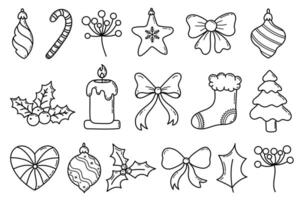 Christmas line art doodle elements set. Xmas hand draw outline ornaments set with holly, bow, candle, Christmas stockings, Christmas tree, bauble and berries vector
