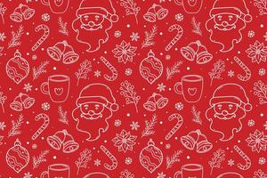 Christmas outline seamless pattern with seasonal ornaments on red background. Christmas wrapping paper pattern with line art Santa Claus head, bells, candy cane, baubles, berries and snowflakes vector