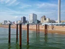 Most Beautiful Aerial View of British Beach and Ocean at Brighton and Hove City of England United Kingdom. High angle Most Wanted British Tourist Attraction Was Captured on May 9th, 2024 photo