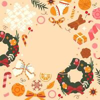 Merry Christmas and new year framed with hand drawn Christmas wreath, spruce branches, sock vector