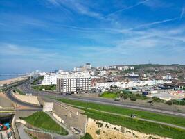 High Angle View of Most Beautiful and Attractive British Tourist Attraction of Brighton seaside resort and Beach City of East Sussex, England GB. Footage Captured with Drone's Camera on May 9th, 2024 photo