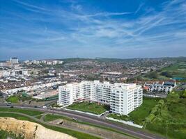 High Angle View of Most Beautiful and Attractive British Tourist Attraction of Brighton seaside resort and Beach City of East Sussex, England GB. Footage Captured with Drone's Camera on May 9th, 2024 photo