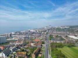 High Angle View of Most Beautiful and Attractive British Tourist Attraction of Brighton seaside resort and Beach City of East Sussex, England GB. Footage Captured with Drone's Camera on May 9th, 2024 photo