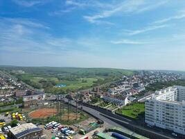 High Angle View of Most Beautiful and Attractive British Tourist Attraction of Brighton seaside resort and Beach City of East Sussex, England GB. Footage Captured with Drone's Camera on May 9th, 2024 photo