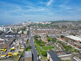 High Angle View of Most Beautiful and Attractive British Tourist Attraction of Brighton seaside resort and Beach City of East Sussex, England GB. Footage Captured with Drone's Camera on May 9th, 2024 photo